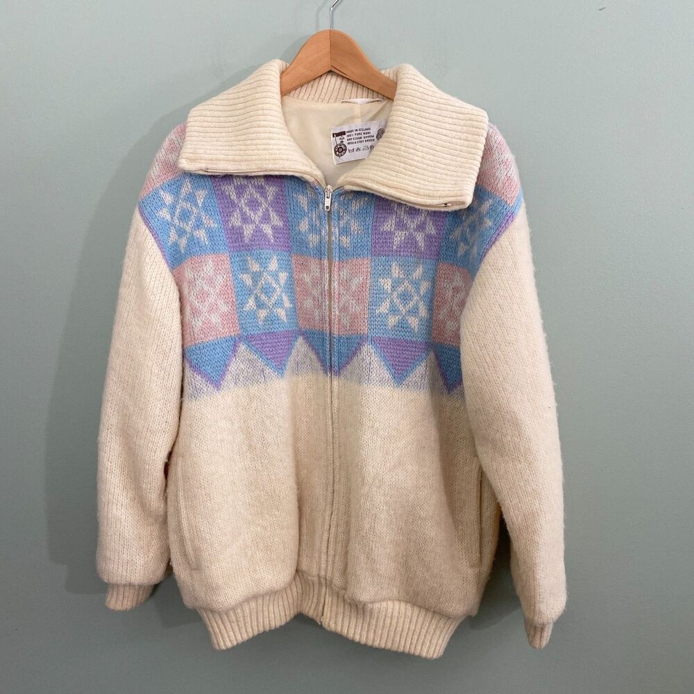 Icelandic Wool Sweater Jacket Womens Large Full Zip Lined Vintage Grandma Nordic